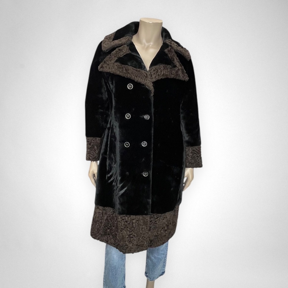 Vintage‎ 70s Black Faux Fur Double Breasted Peacoat Trench Coat M